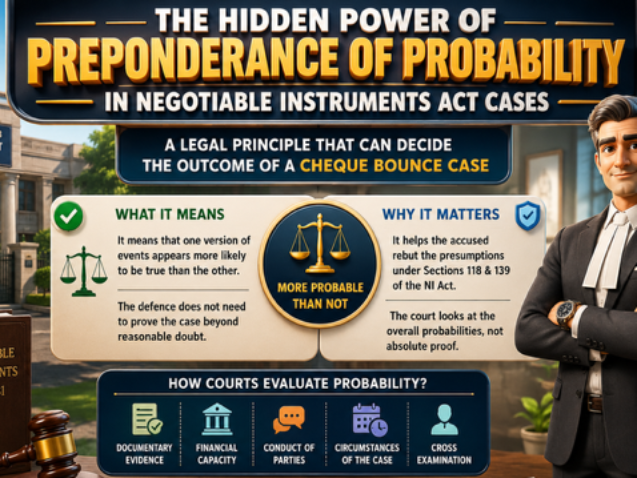 Advocate explaining the hidden power of Preponderance of Probability in Negotiable Instruments Act Cases before Dwarka Court, Delhi.