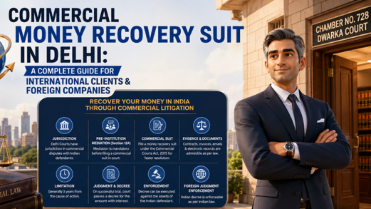 Commercial money recovery suit in Delhi for foreign companies and international clients with Dwarka Court advocate