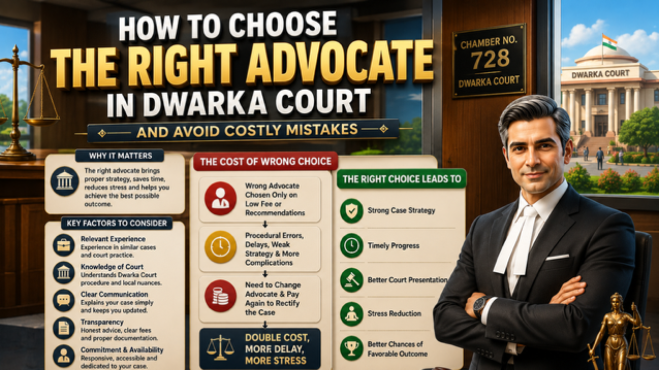 Professional Advocate in Dwarka Court explaining how to choose the right lawyer for criminal, civil, cheque bounce, bail, and property disputes in Delhi.