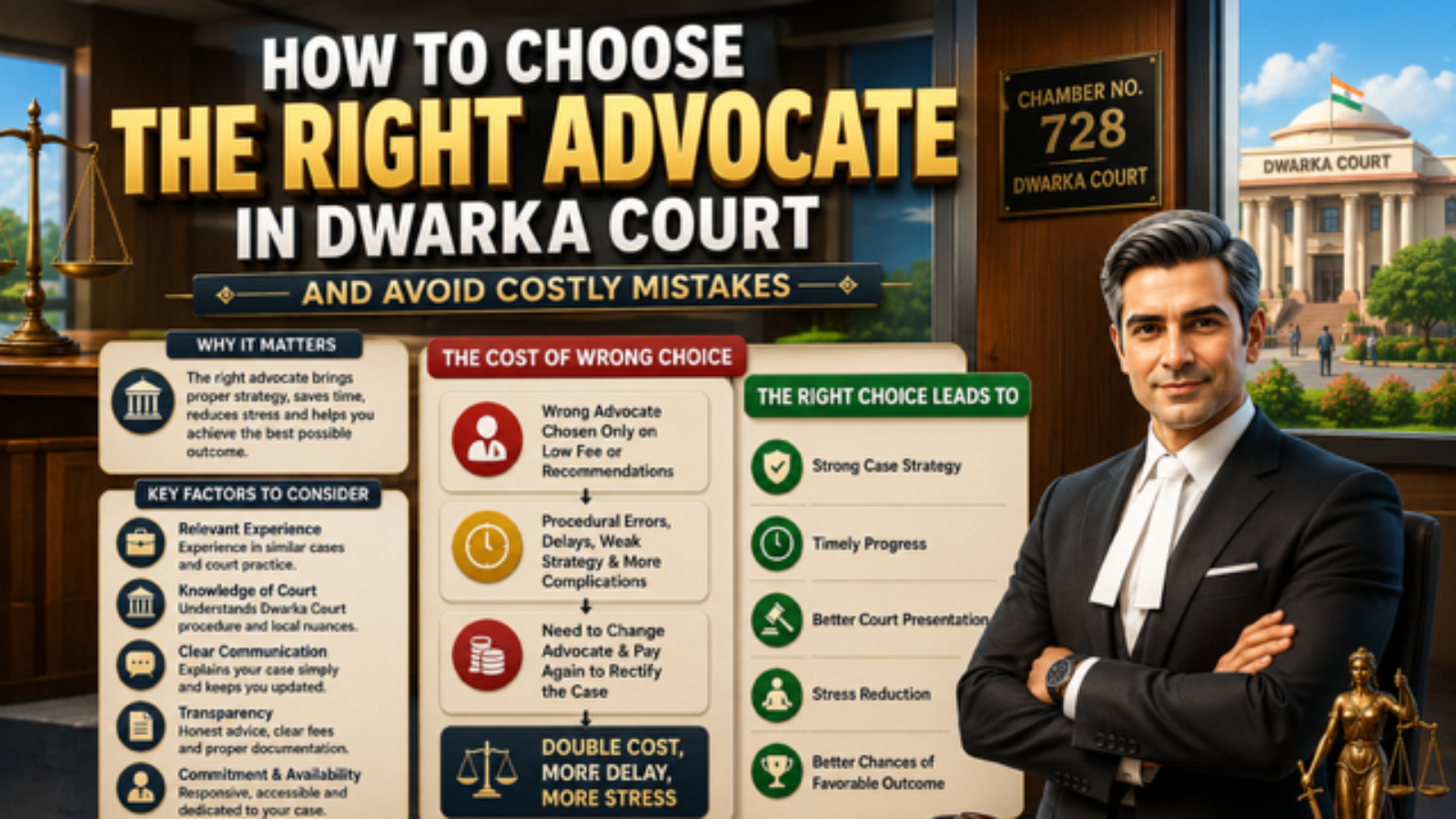Professional Advocate in Dwarka Court explaining how to choose the right lawyer for criminal, civil, cheque bounce, bail, and property disputes in Delhi.