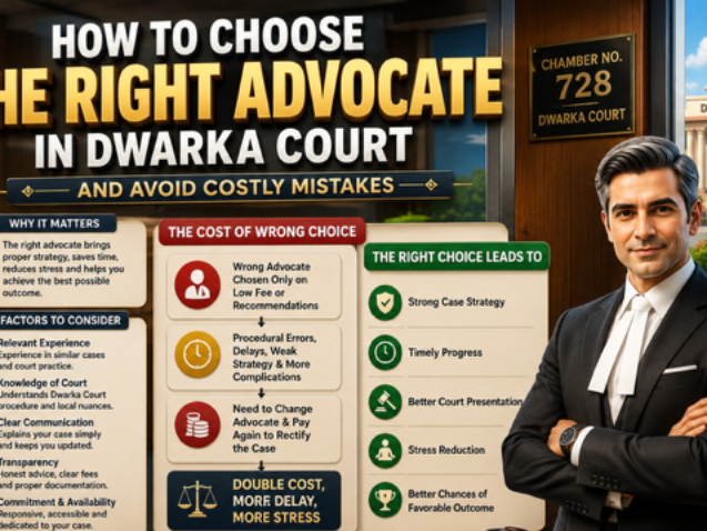 Professional Advocate in Dwarka Court explaining how to choose the right lawyer for criminal, civil, cheque bounce, bail, and property disputes in Delhi.