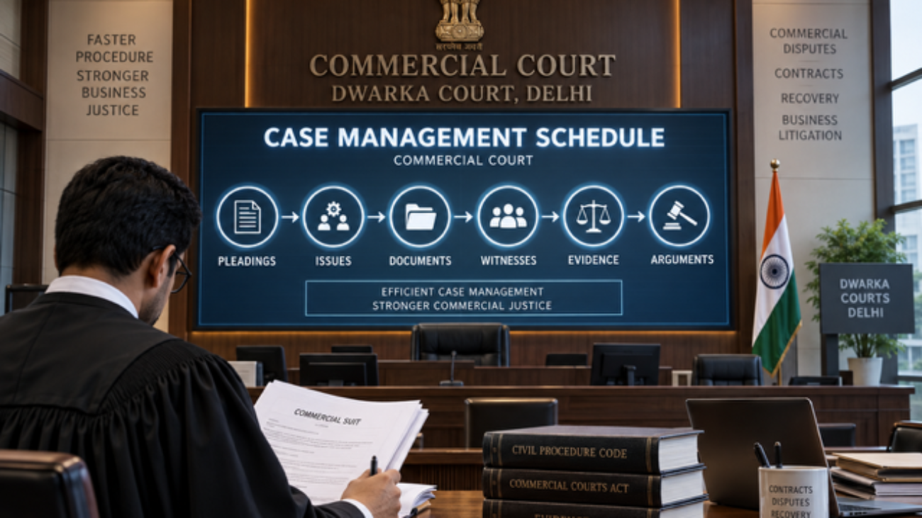Commercial Court Case Management Hearing in Delhi under Order XV-A CPC showing issues, witnesses, evidence and litigation timeline.