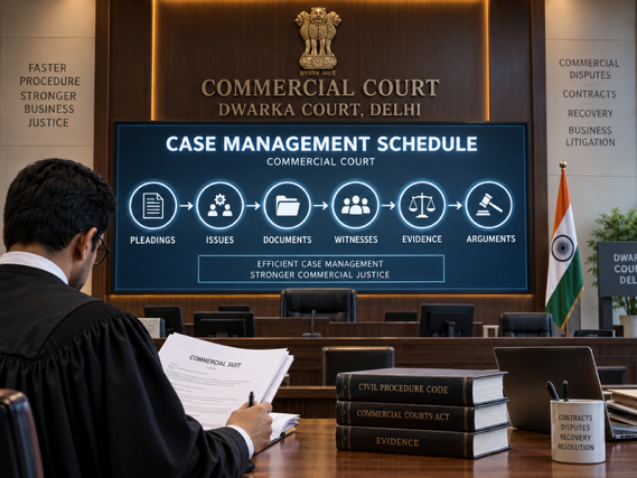 Commercial Court Case Management Hearing in Delhi under Order XV-A CPC showing issues, witnesses, evidence and litigation timeline.