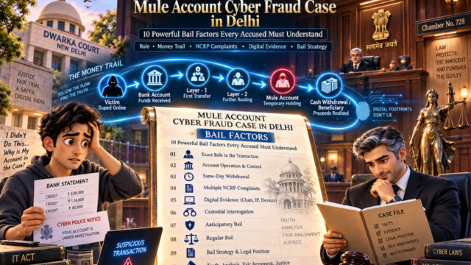 Mule account cyber fraud case in Delhi showing money trail, bank account, NCRP complaints and cyber crime bail factors