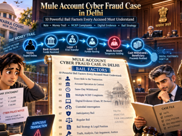 Mule account cyber fraud case in Delhi showing money trail, bank account, NCRP complaints and cyber crime bail factors