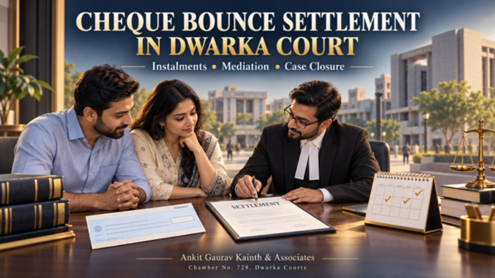 Cheque Bounce Settlement in Dwarka Court, Advocate and two parties reviewing a cheque-bounce settlement and instalment schedule.