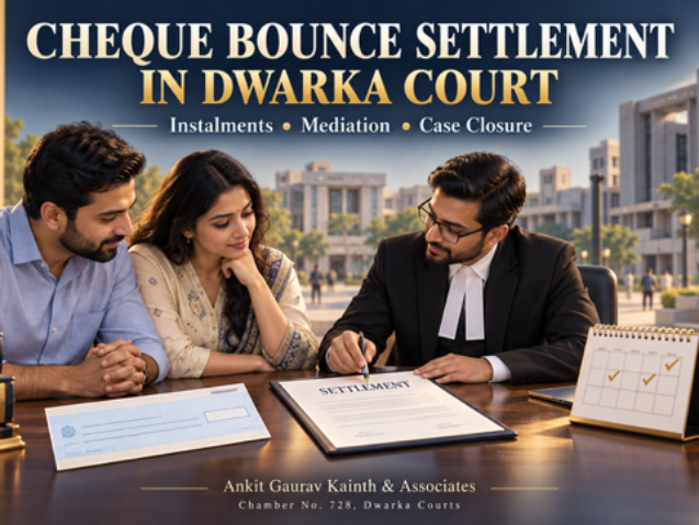 Cheque Bounce Settlement in Dwarka Court, Advocate and two parties reviewing a cheque-bounce settlement and instalment schedule.
